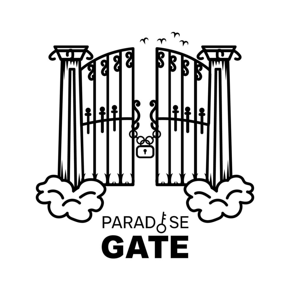 A simple monochrome logo, Paradise gate floating above the clouds. Line art logo of a gate isolated on a white background vector