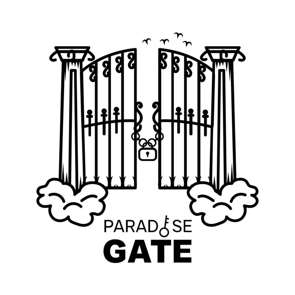 A simple monochrome logo, Paradise gate floating above the clouds. Line art logo of a gate isolated on a white background vector