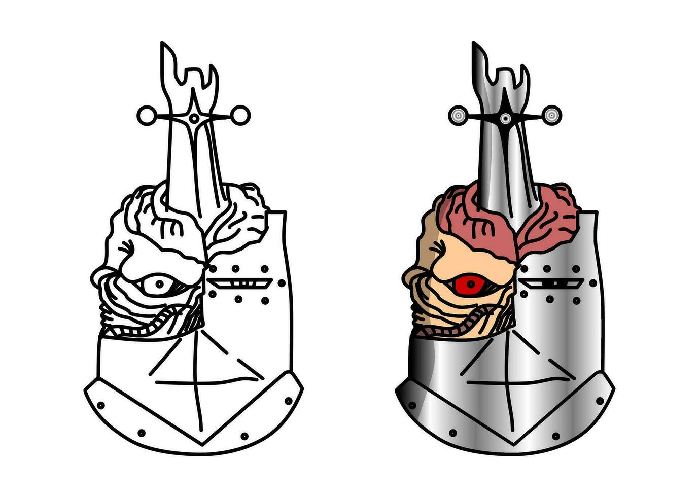 ilustración de un medieval guerrero cabeza disfraz con monstruo sesos y piel. medieval roto hierro casco diseño vector