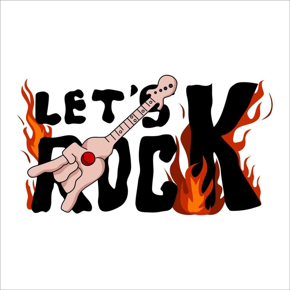 Hand design with a metal symbol that reads Let's Rock. Rock music-themed design for clothing vector