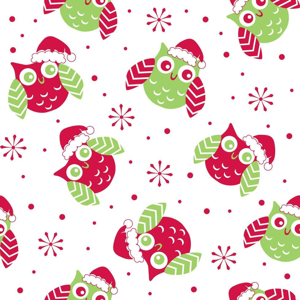 Christmas Cute Owls Seamless Pattern with Snowflakes- Christmas Vector Design