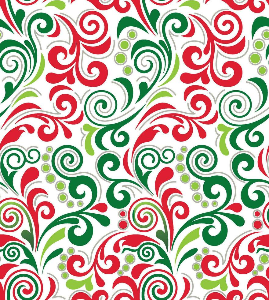Christmas Swirls Seamless Pattern- Red, Green, and White Swirls- Christmas Vector Illustration
