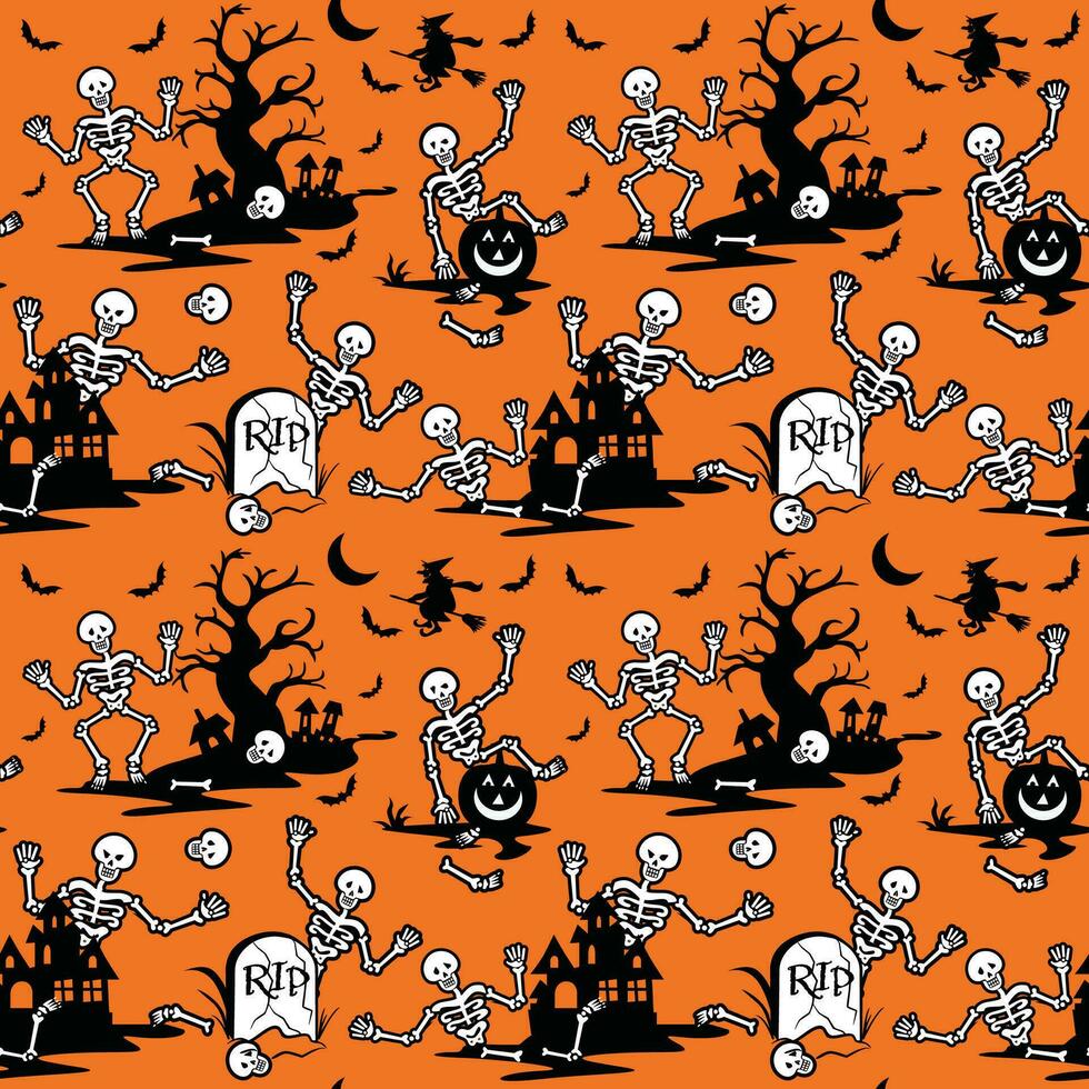 Halloween Skeleton Seamless Pattern with Witch and Bat- Halloween Vector Illustration