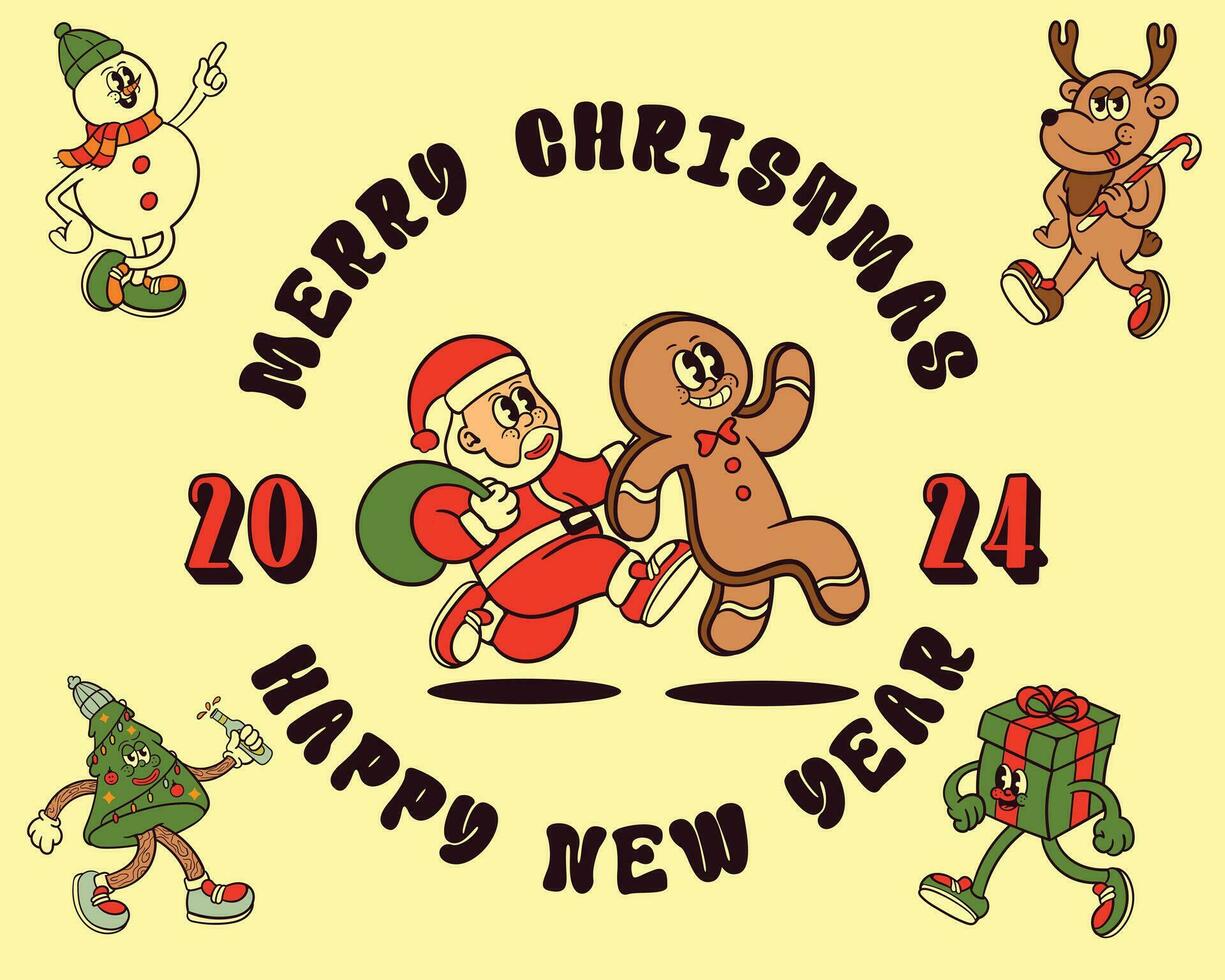 santa and gingger bread cartoon retro vector
