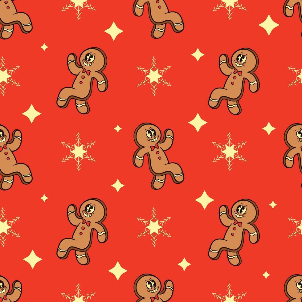 seamless pattern of cheerful cartoon gingerbread on red background vector