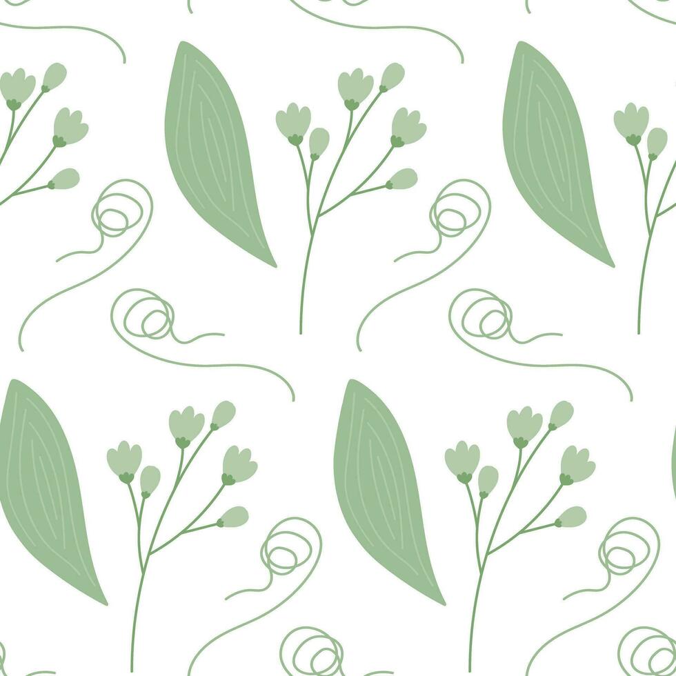 Endless pattern of spring twigs with spathiphyllum leaf and curled branch in trendy monochrome green vector