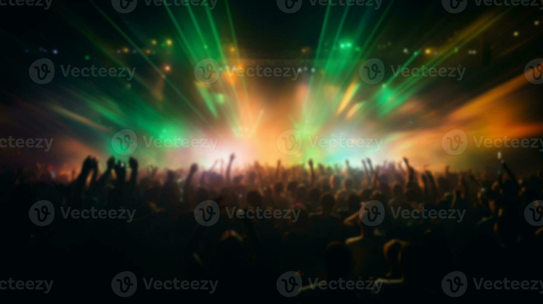 AI generated Blur crowd audience watching live show in concert hall or venue stadium with colorful lighting background photo