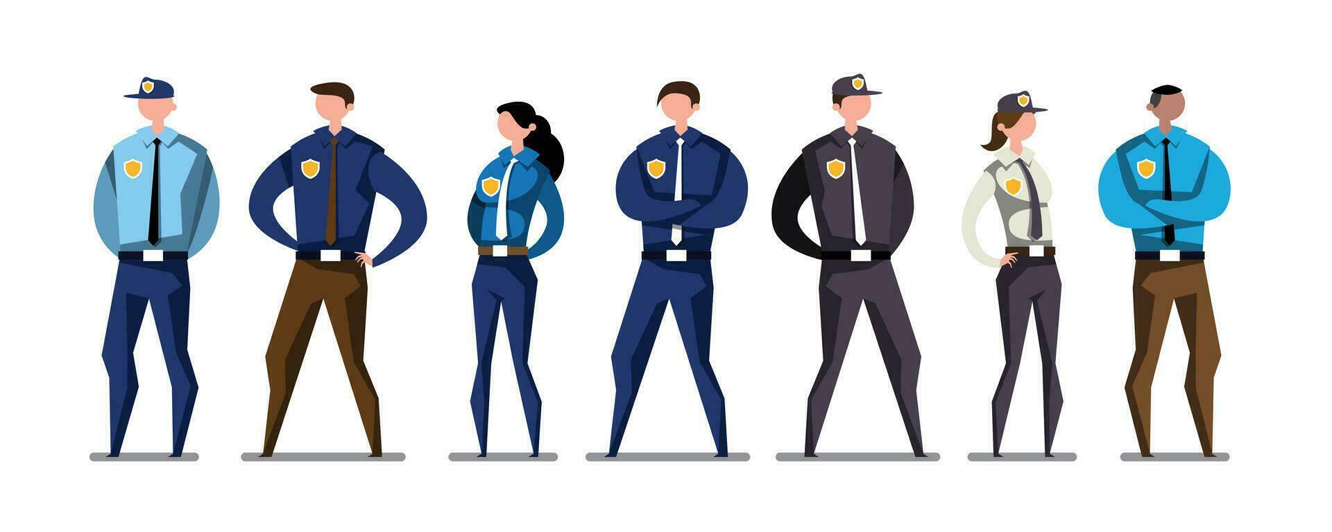 seguridad equipo en mismo uniforme, personaje dibujos animados estilo. vector