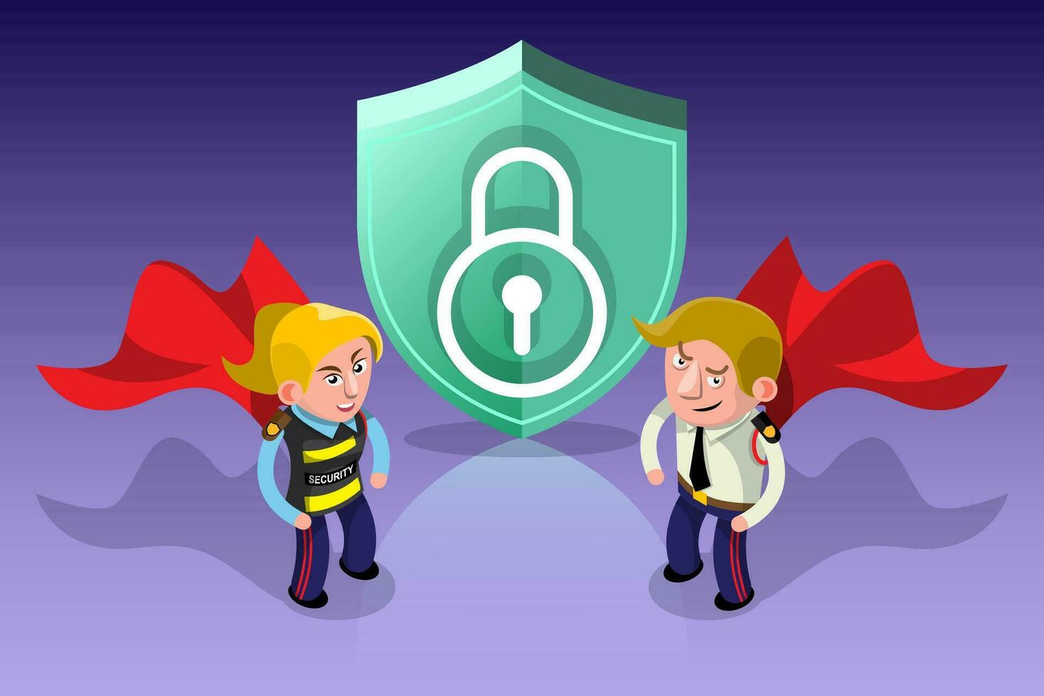 Security Guard in Red Cape Protect Locked Shiled. vector