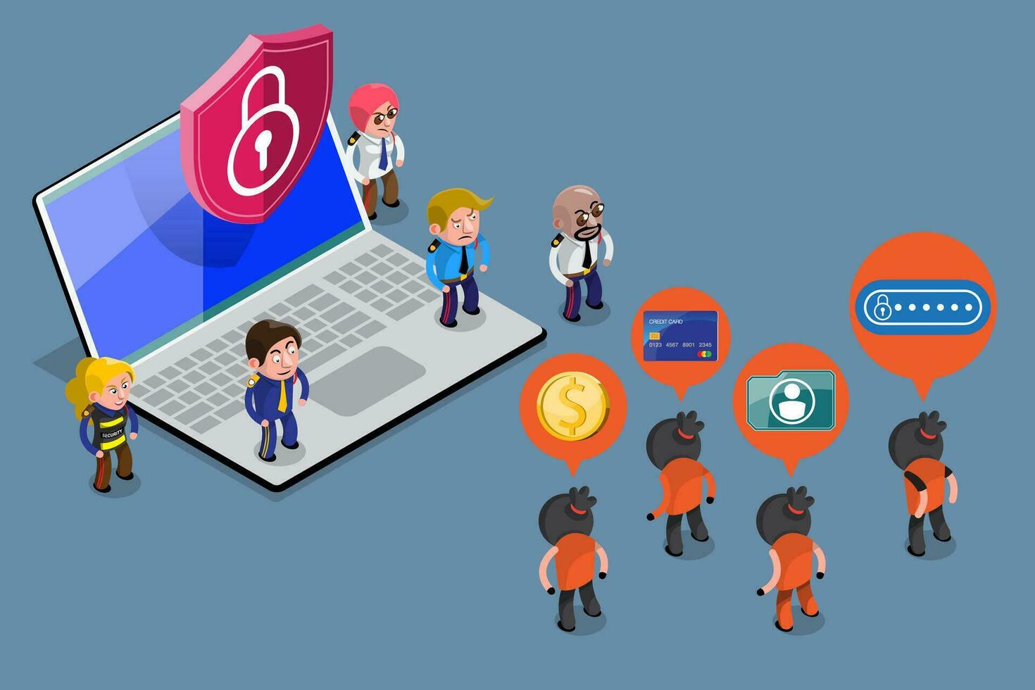 Security Guard Protect Laptop. Cyber Security Concept. vector