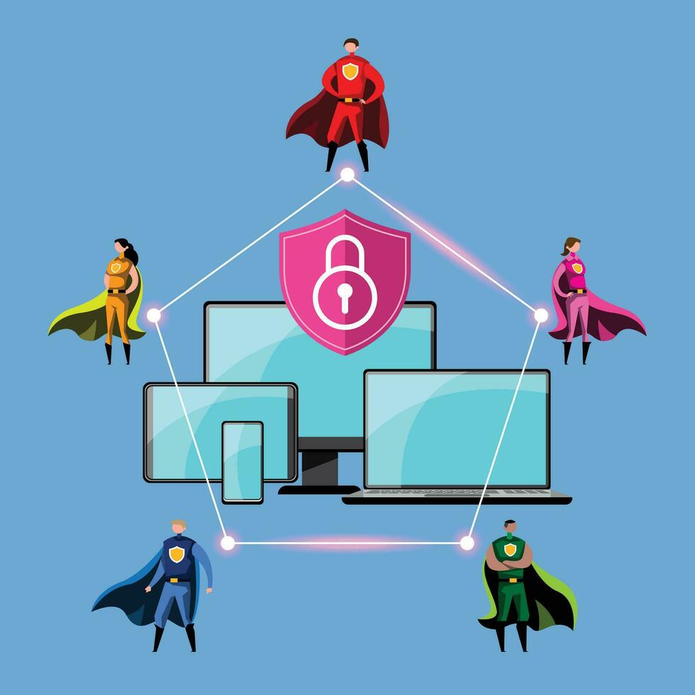 Hero in Red Cape Protect Mobile Phone Computer and Tablet. vector