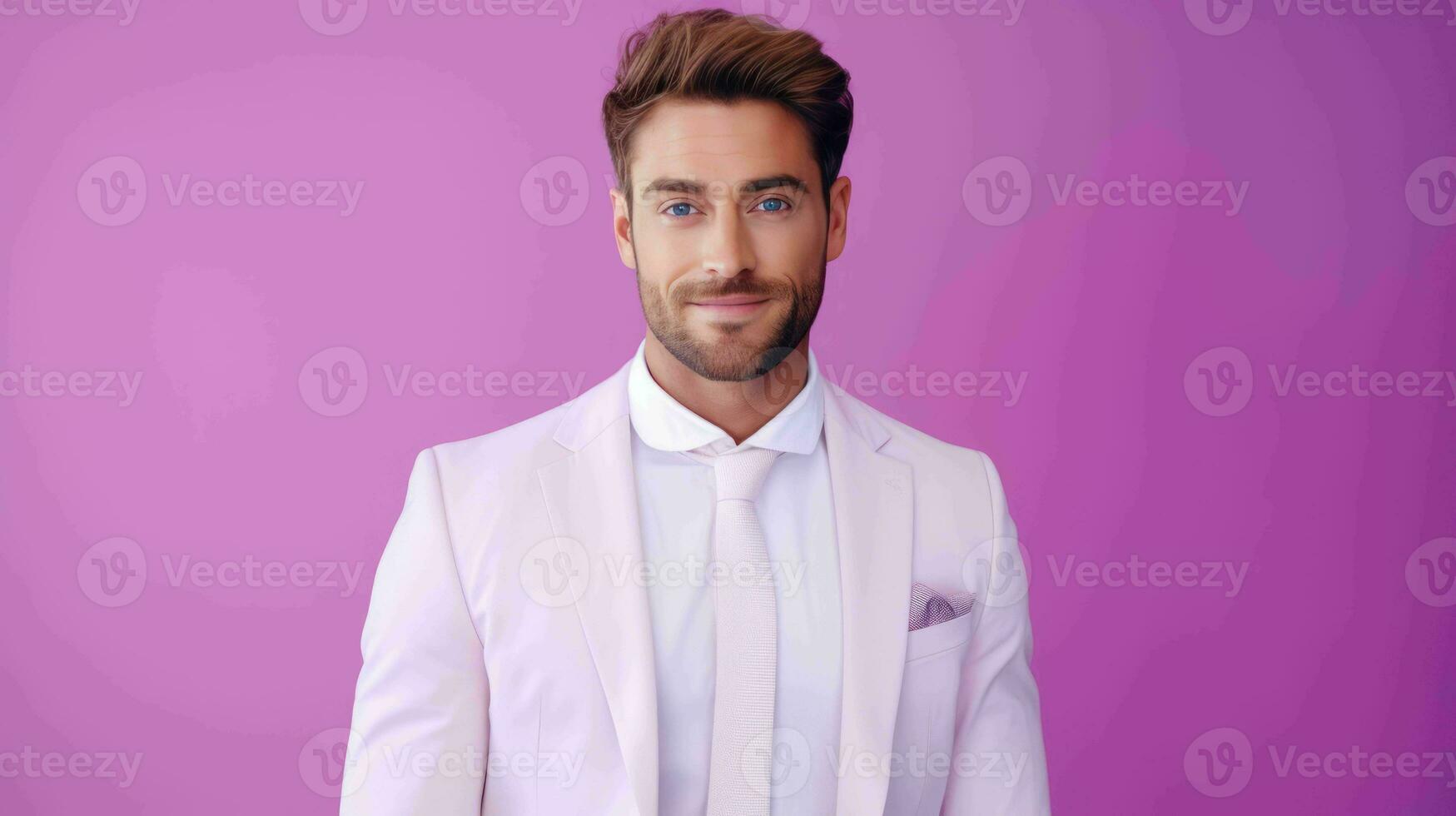 AI generated Happy and Attractive Man Wearing Pastel Color Suit with Beautiful Vibrant Background photo