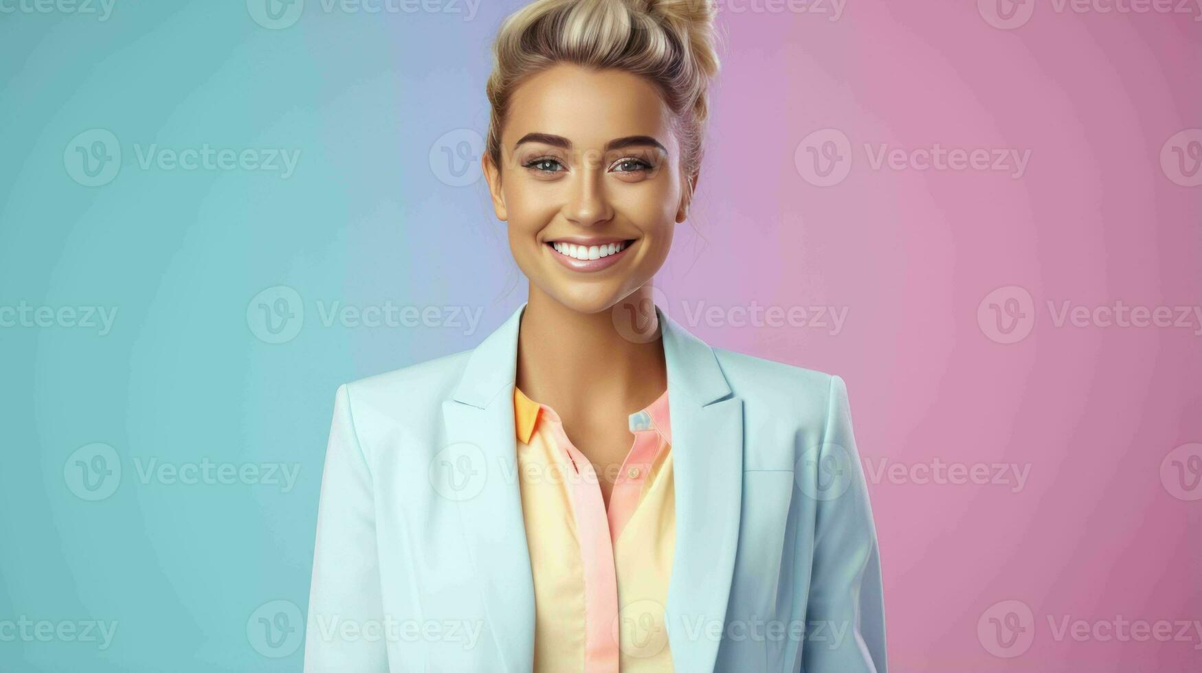AI generated Happy and Attractive Woman Wearing Pastel Color Suit with Beautiful Vibrant Background photo