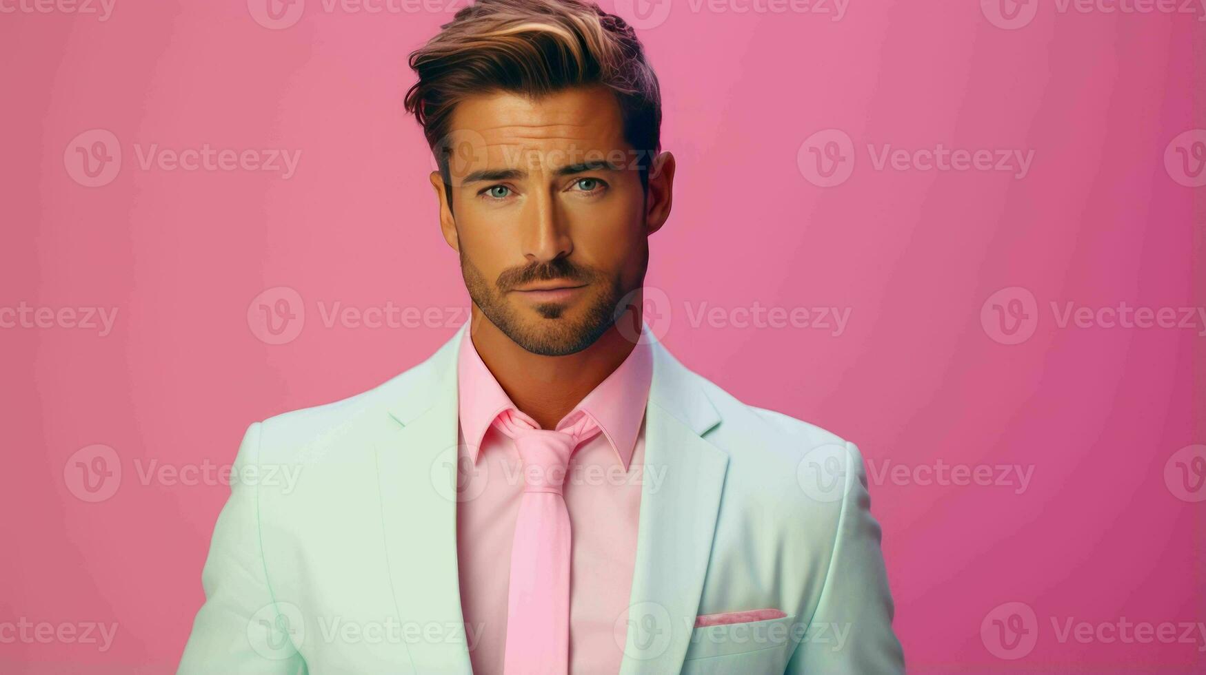 AI generated Happy and Attractive Man Wearing Pastel Color Suit with Beautiful Vibrant Background photo