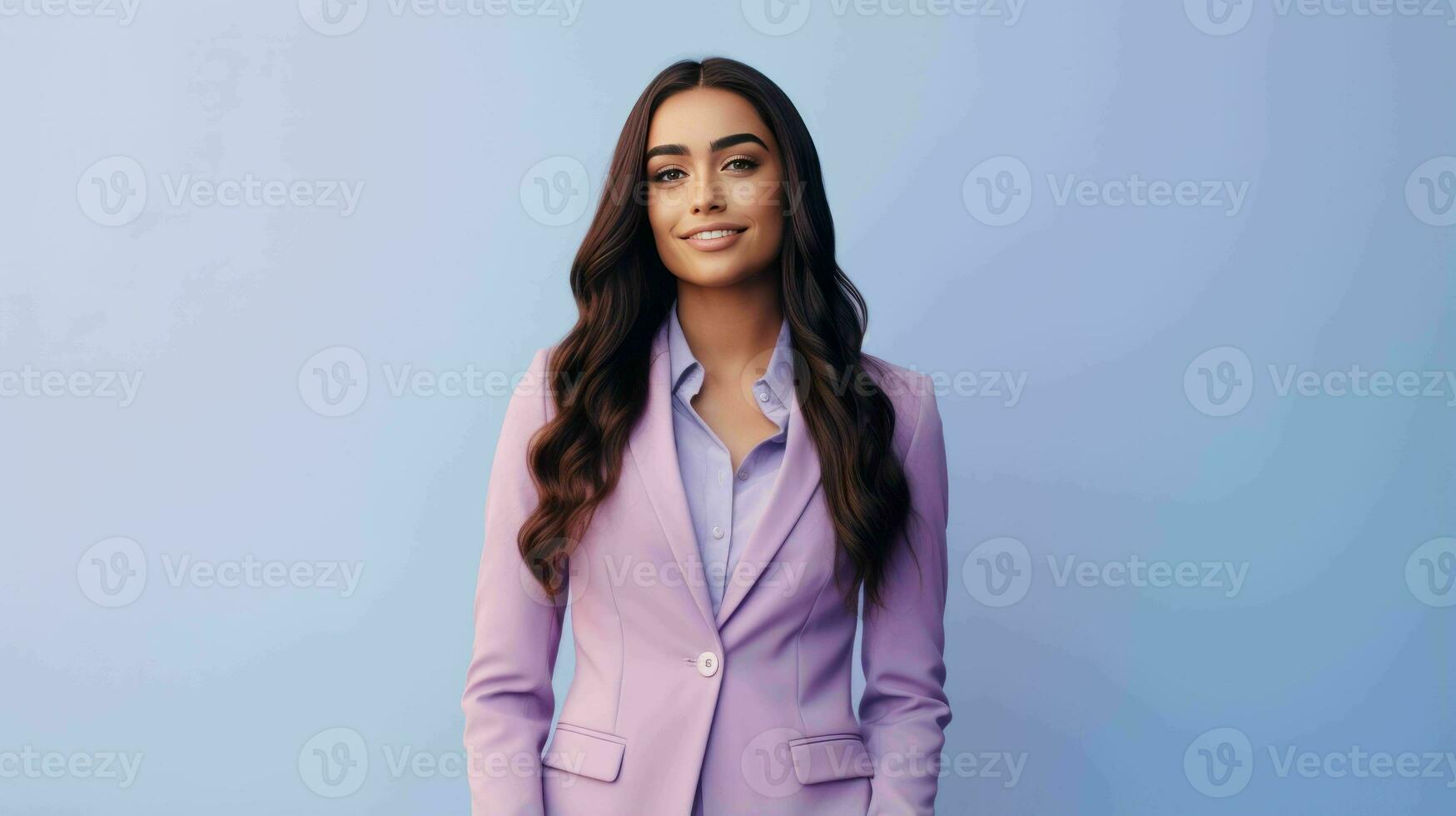 AI generated Happy and Attractive Woman Wearing Pastel Color Suit with Beautiful Vibrant Background photo