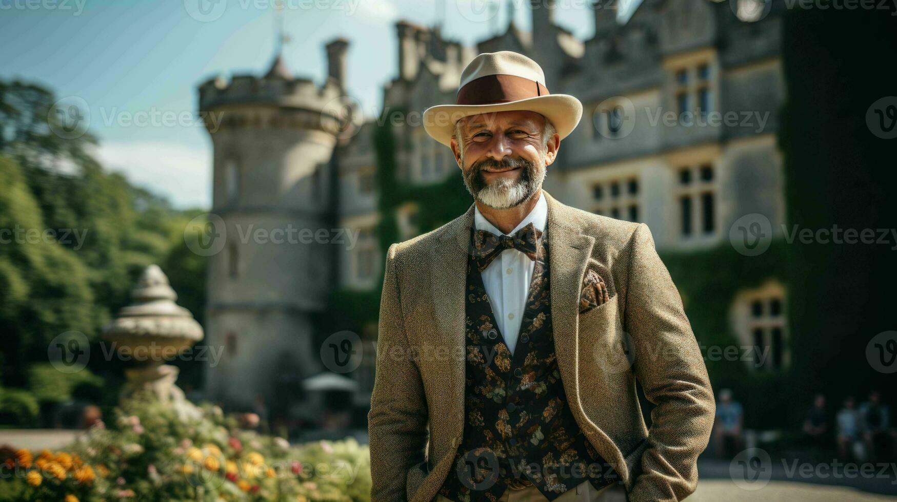 AI generated Well Dressed Man Standing in front of vintage castle photo