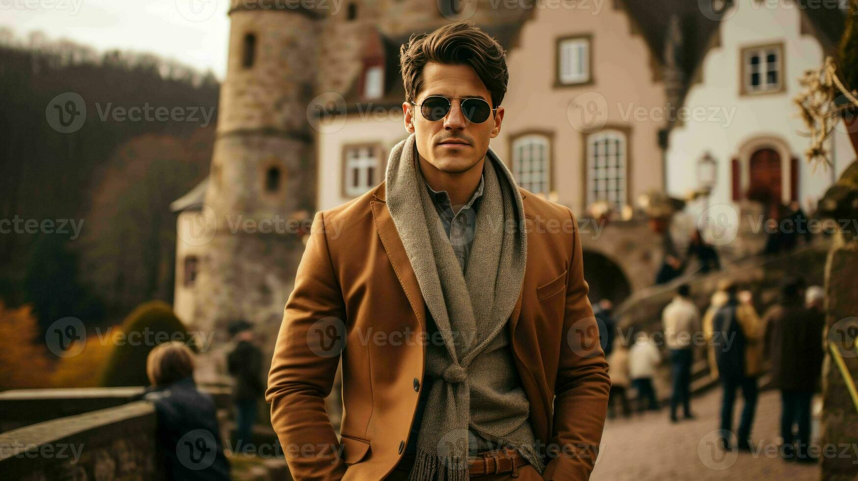 AI generated Well Dressed Man Standing in front of vintage castle photo