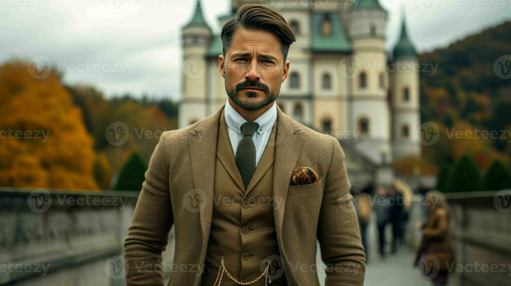 AI generated Well Dressed Man Standing in front of vintage castle photo