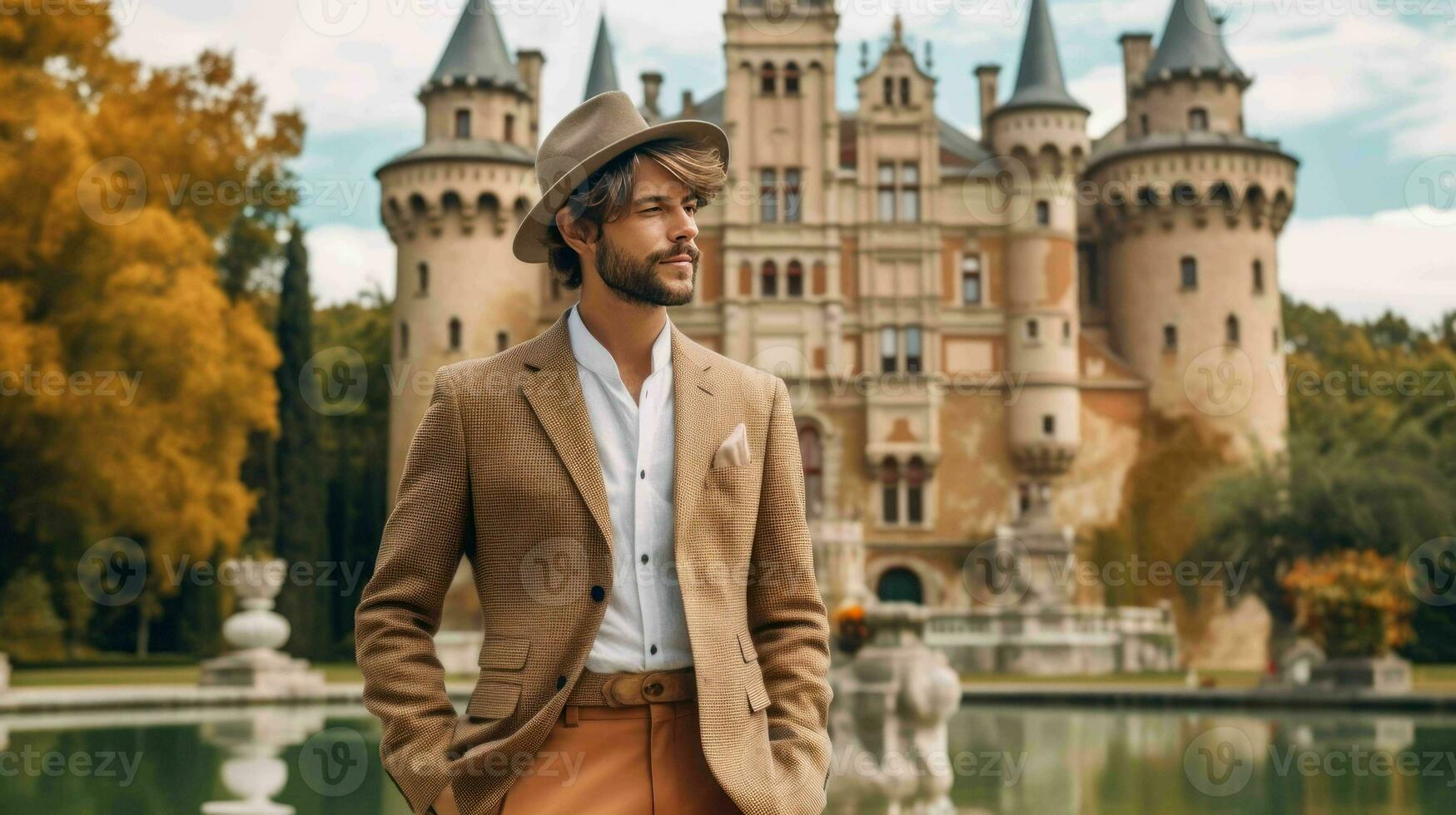AI generated Well Dressed Man Standing in front of vintage castle photo