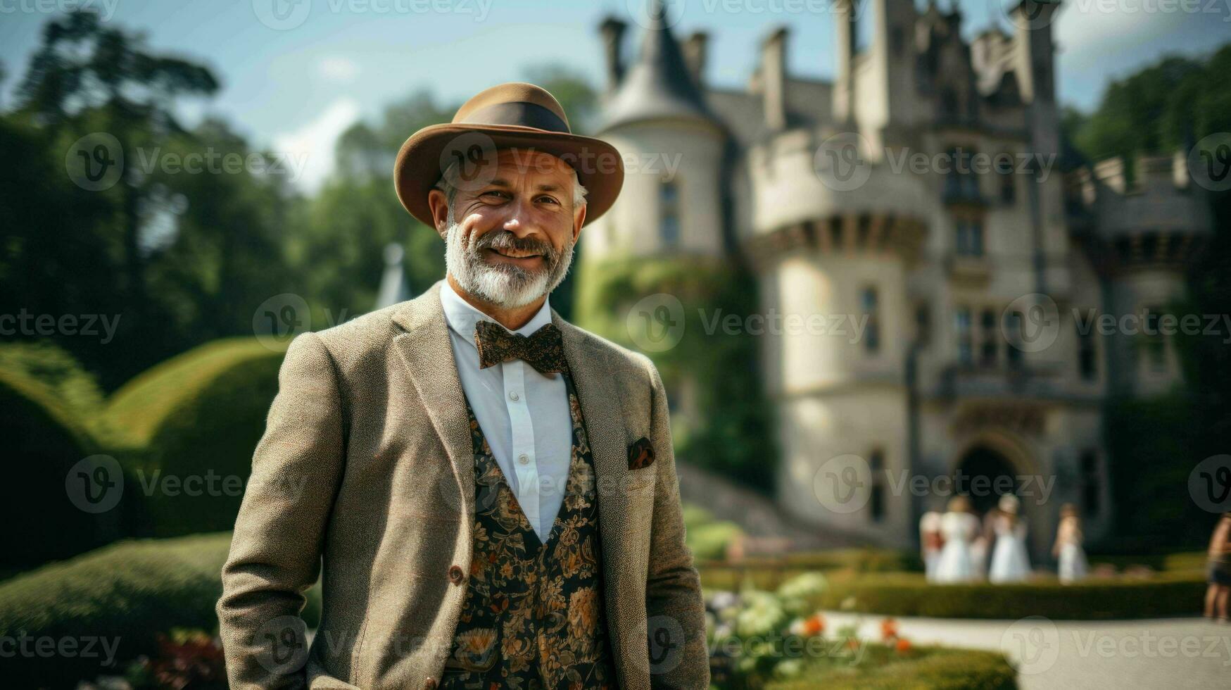 AI generated Well Dressed Man Standing in front of vintage castle photo