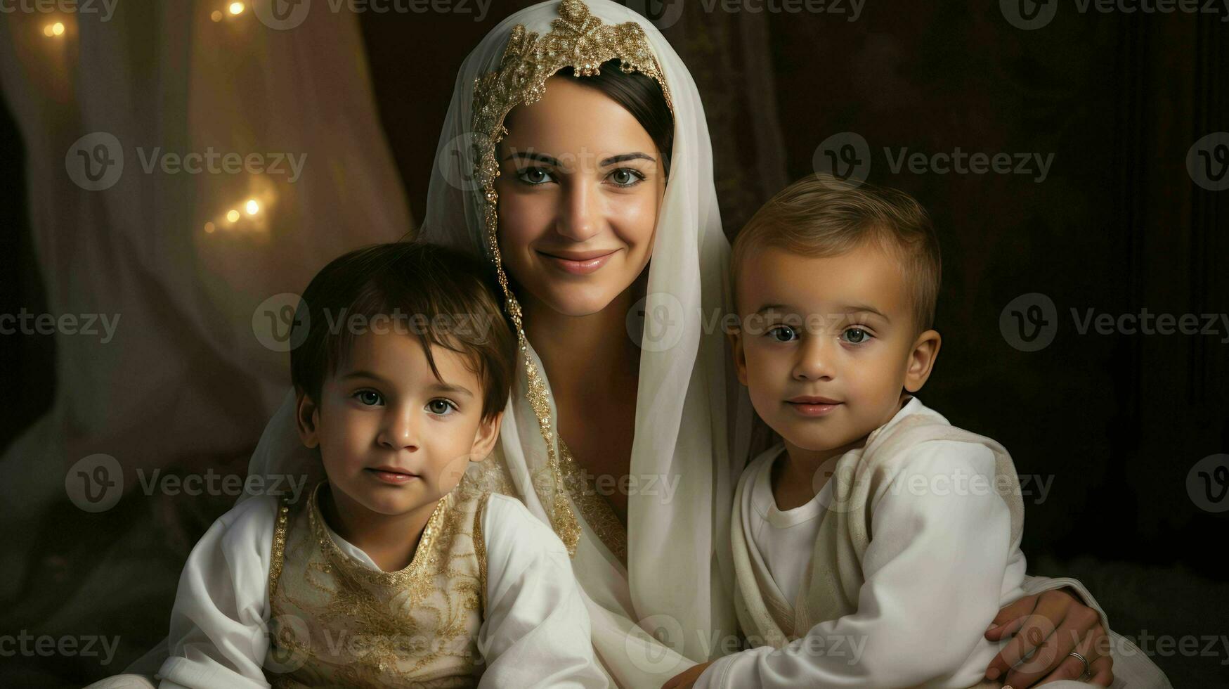 AI generated Beautiful Muslim woman with her son in traditional dress photo
