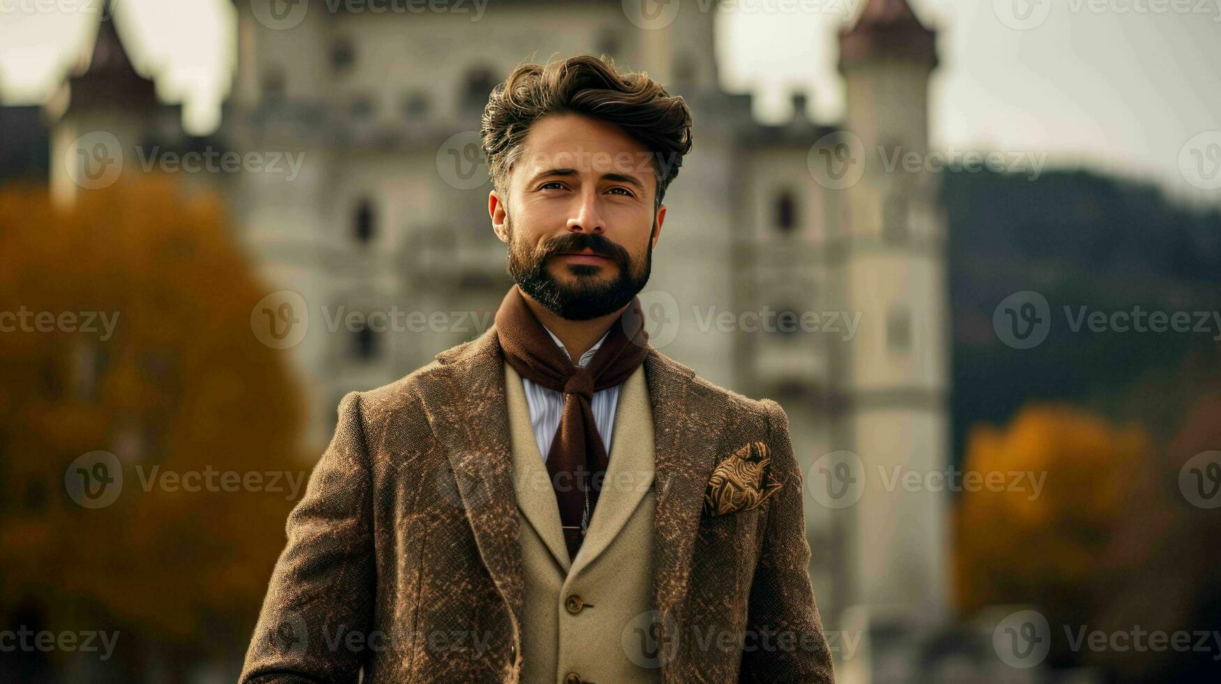 AI generated Well Dressed Man Standing in front of vintage castle photo