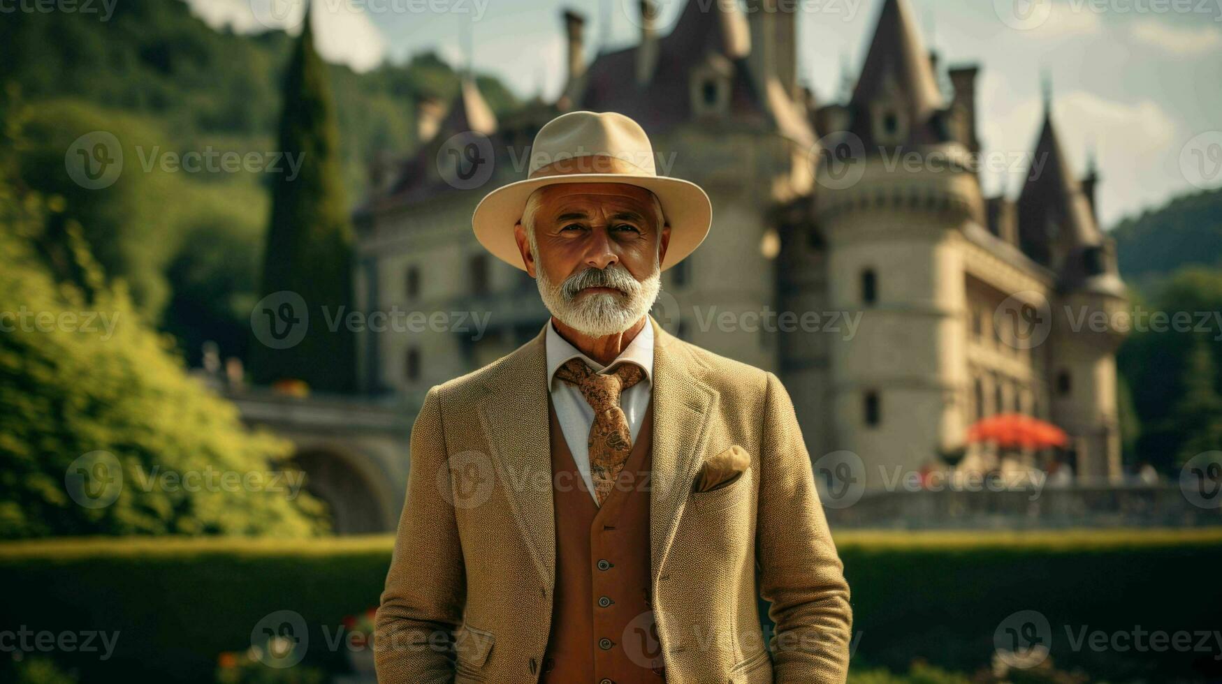 AI generated Well Dressed Man Standing in front of vintage castle photo