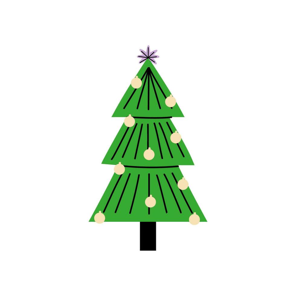 Vector decorated new year tree modern cartoon Christmas fir with xmas new year decorations, illustration