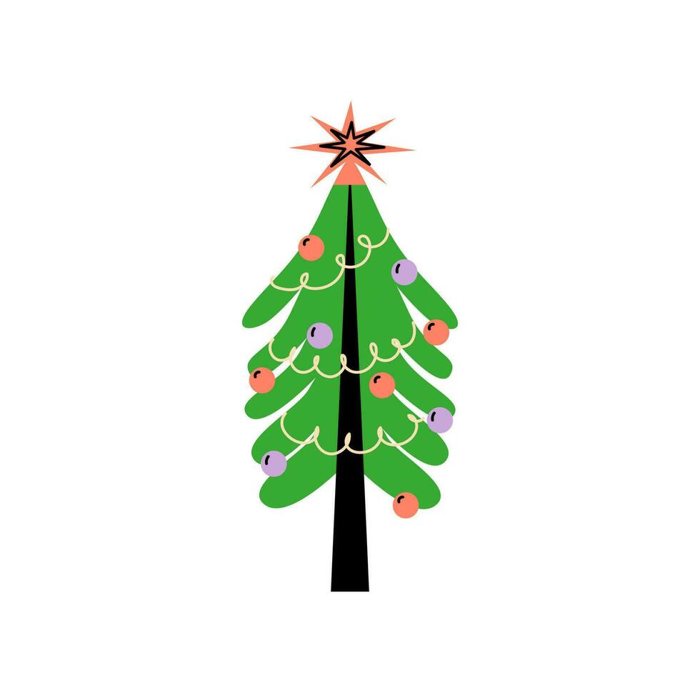 Vector decorated new year tree modern cartoon Christmas fir with xmas new year decorations, illustration