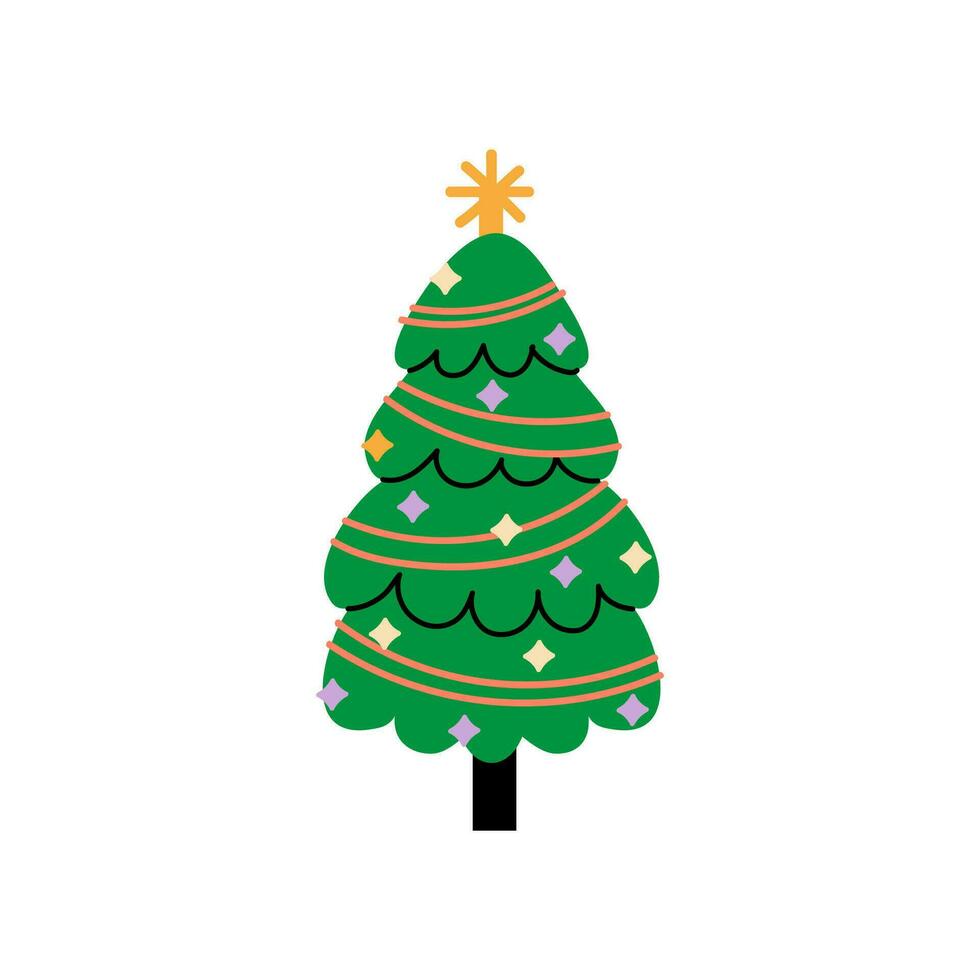Vector decorated new year tree modern cartoon Christmas fir with xmas new year decorations, illustration