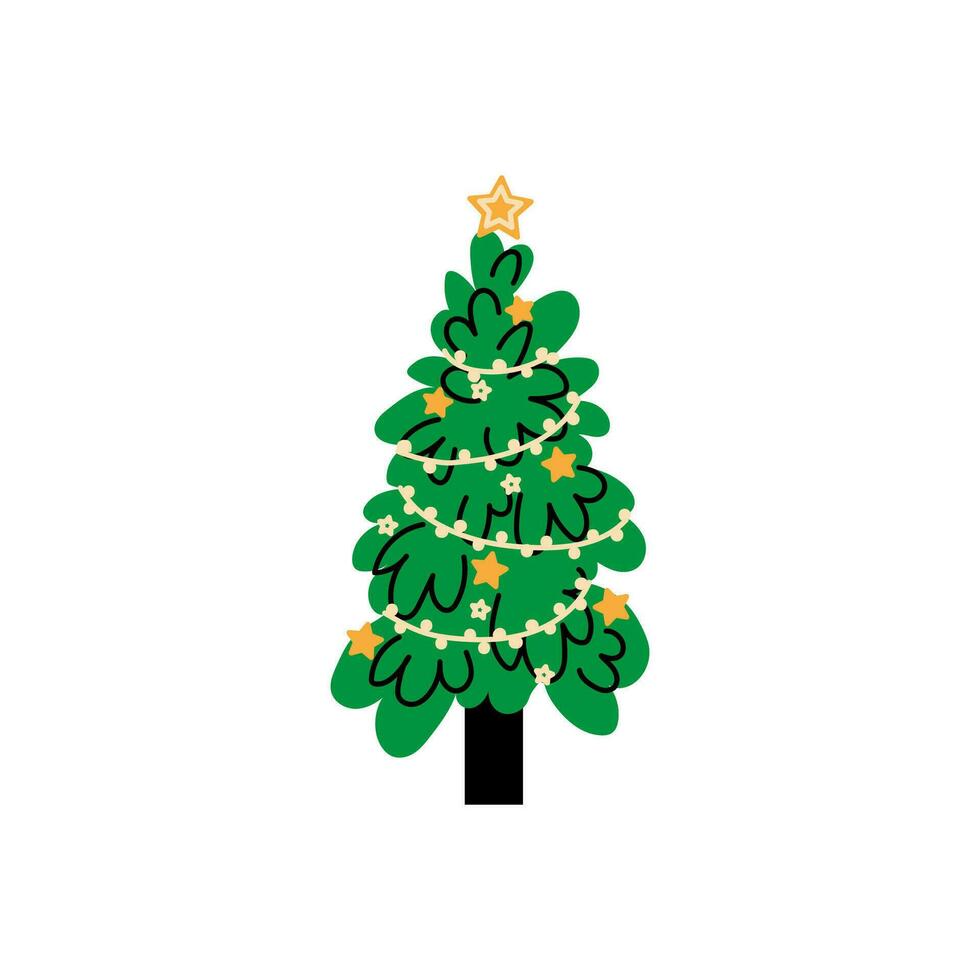 Vector decorated new year tree modern cartoon Christmas fir with xmas new year decorations, illustration