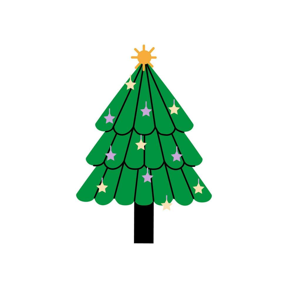 Vector decorated new year tree modern cartoon Christmas fir with xmas new year decorations, illustration