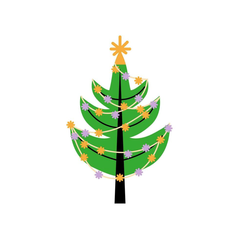 Vector decorated new year tree modern cartoon Christmas fir with xmas new year decorations, illustration
