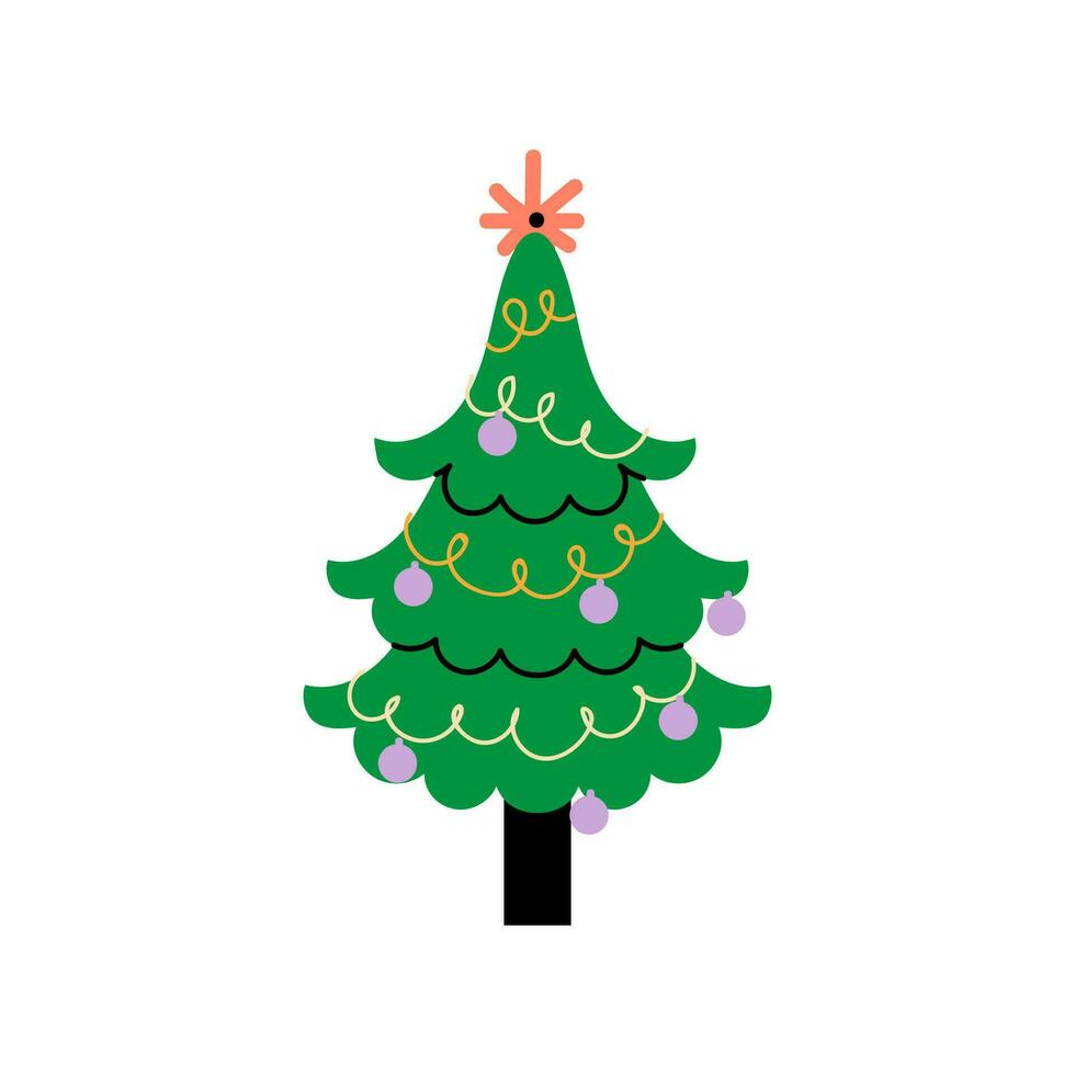 Vector decorated new year tree modern cartoon Christmas fir with xmas new year decorations, illustration