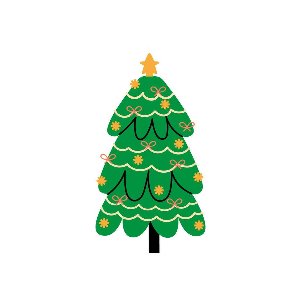 Vector decorated new year tree modern cartoon Christmas fir with xmas new year decorations, illustration