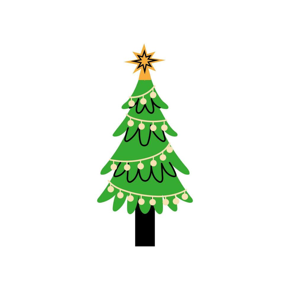 Vector decorated new year tree modern cartoon Christmas fir with xmas new year decorations, illustration