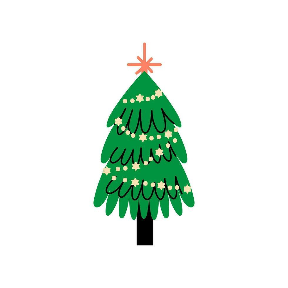Vector decorated new year tree modern cartoon Christmas fir with xmas new year decorations, illustration