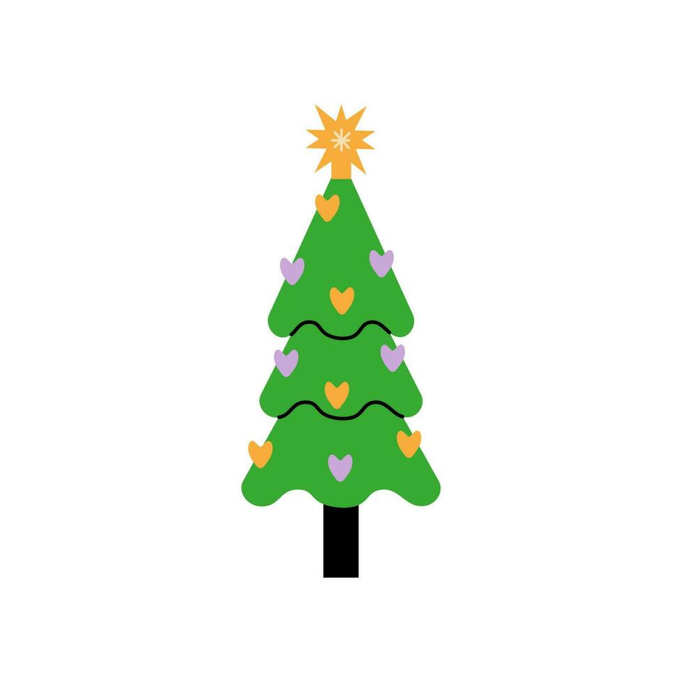 Vector decorated new year tree modern cartoon Christmas fir with xmas new year decorations, illustration