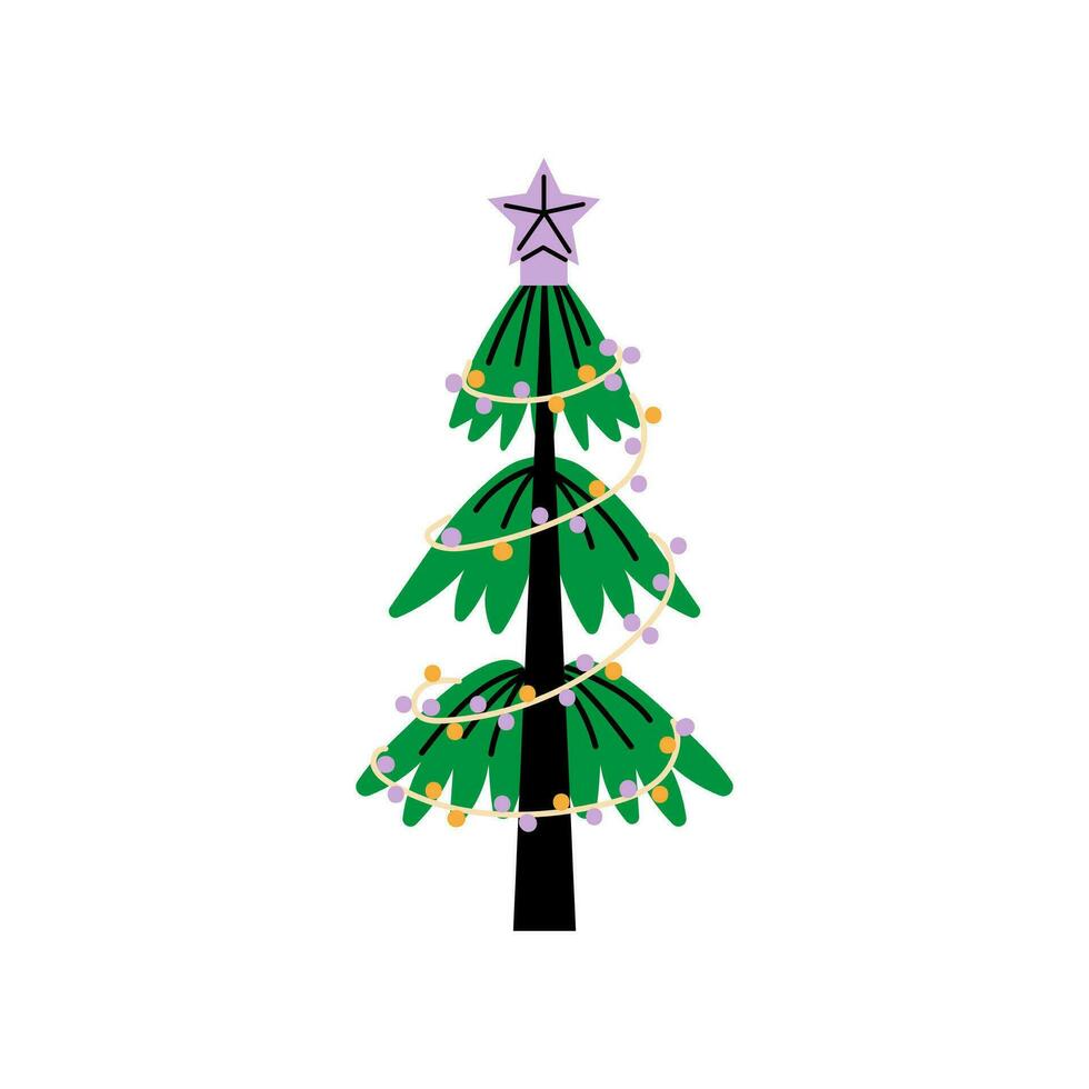 Vector decorated new year tree modern cartoon Christmas fir with xmas new year decorations, illustration