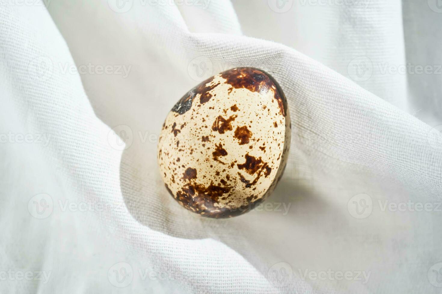 Quail egg on a white linen towel close-up. photo