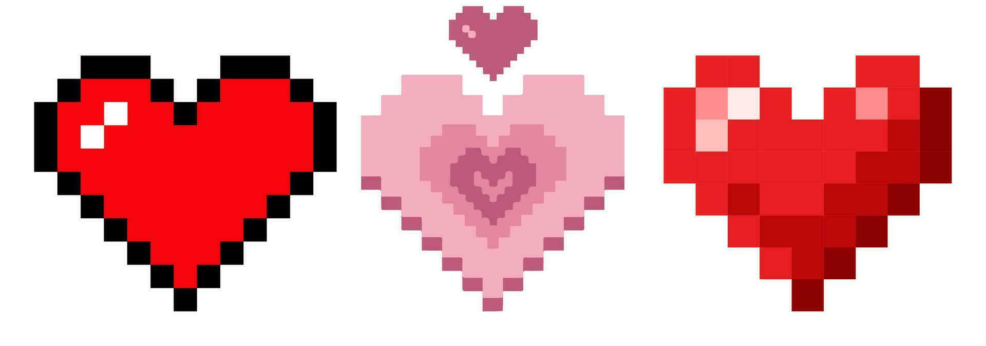 Set of pixel art heart icons. Vector 8-bit retro style illustration.