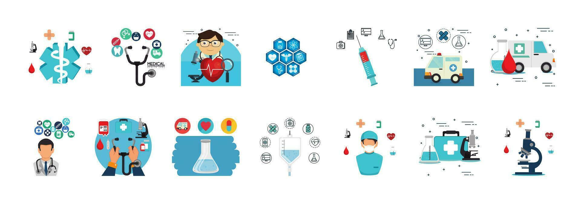 healthcare icon set. Medicine, bandage, medication, prescription, treatment, health and syringe symbol. Solid icons vector collection