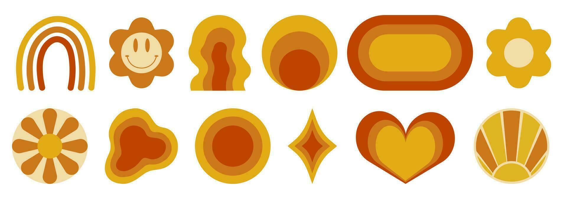 retro 70s logo. Cartoon funny psychedelic stickers with pacific peace symbol .Vector isolated retro signs set in a white  background vector