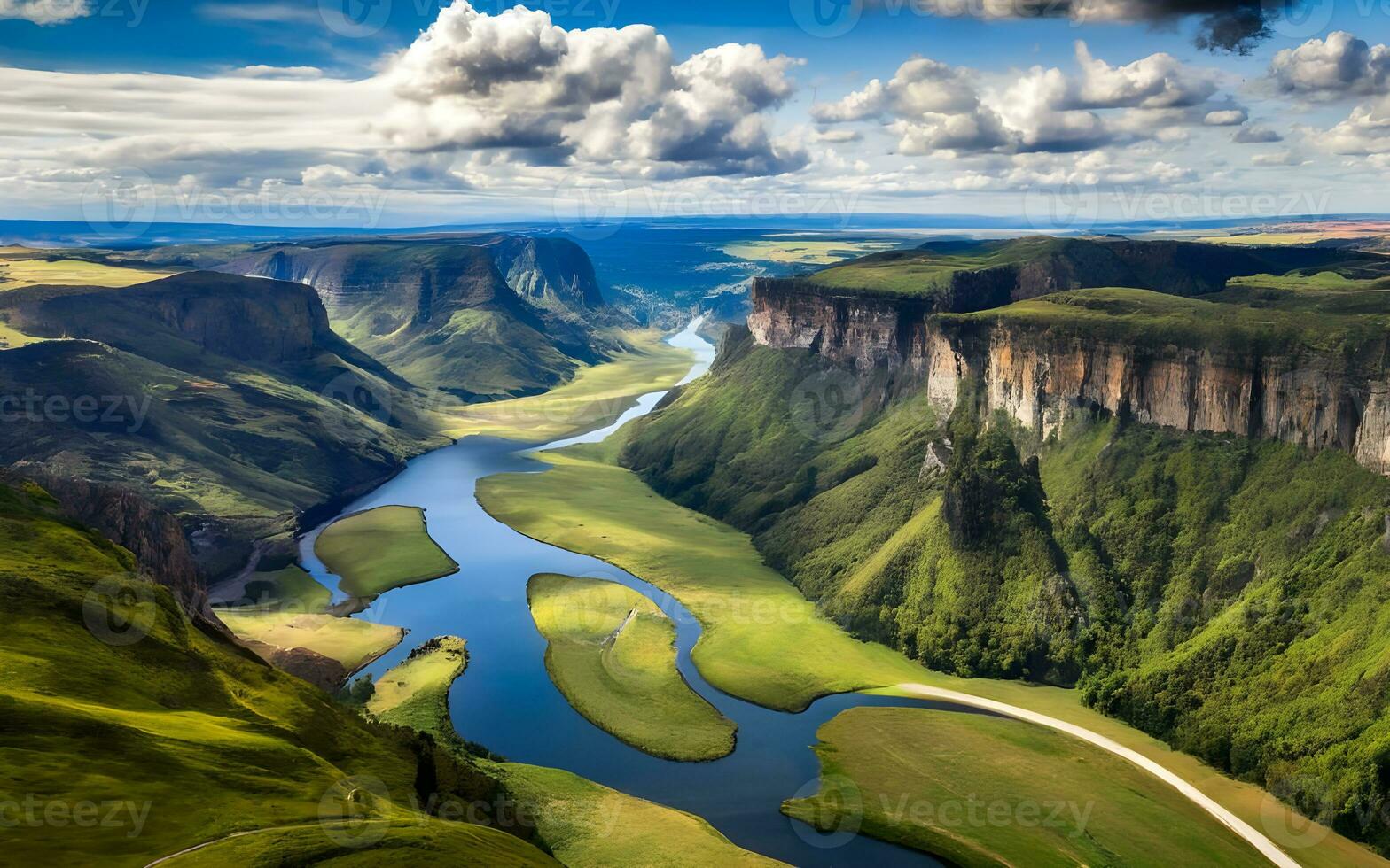 AI generated Serpentine Symphony, A Majestic Aerial Journey Along the Meandering River Through a Lush Valley photo