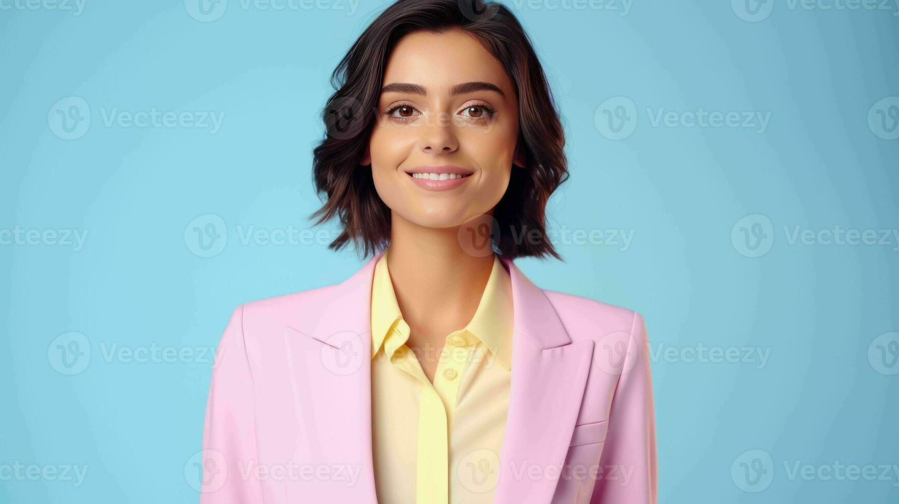 AI generated Happy and Attractive Woman Wearing Pastel Color Suit with Beautiful Vibrant Background photo