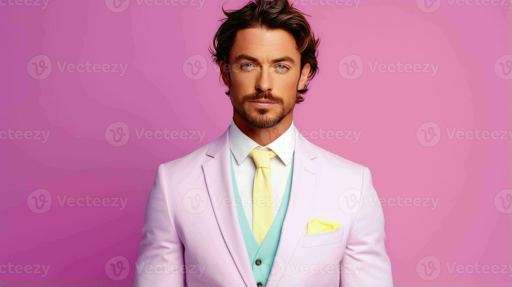 AI generated Happy and Attractive Man Wearing Pastel Color Suit with Beautiful Vibrant Background photo