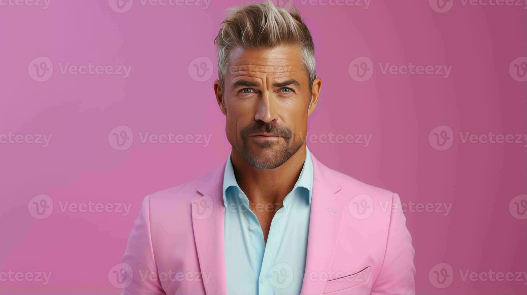 ai generado contento y atractivo hombre vistiendo pastel color traje con hermosa vibrante antecedentes foto