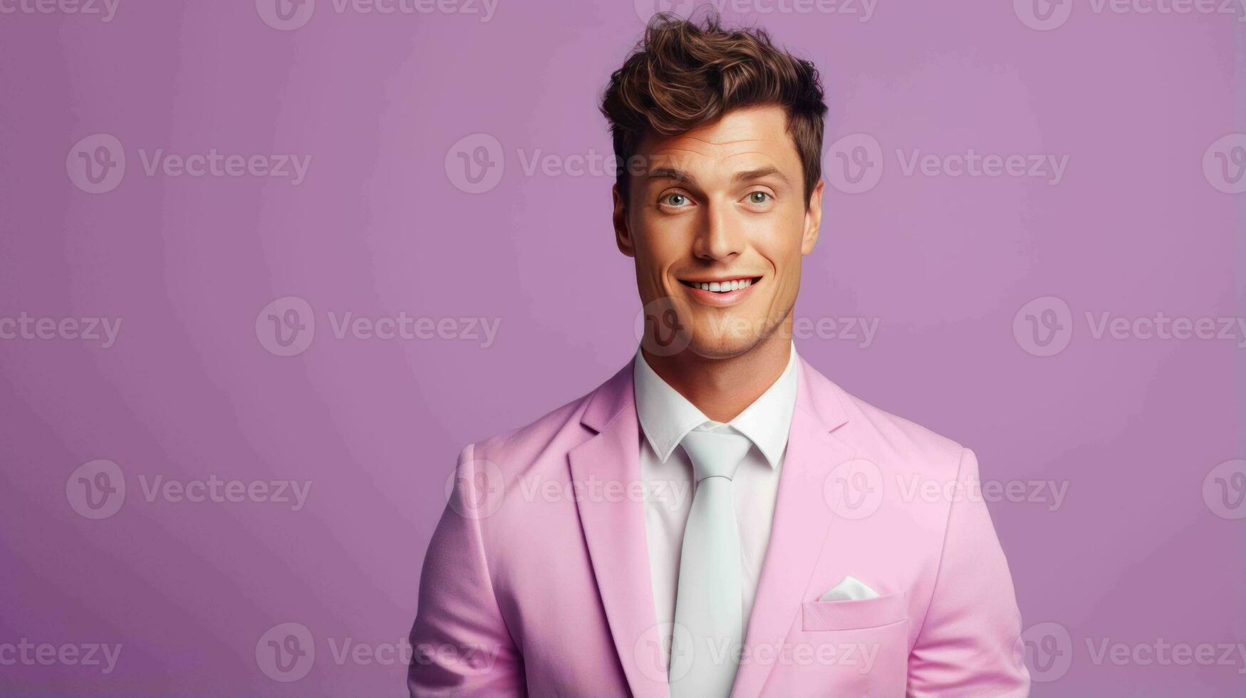 AI generated Happy and Attractive Man Wearing Pastel Color Suit with Beautiful Vibrant Background photo