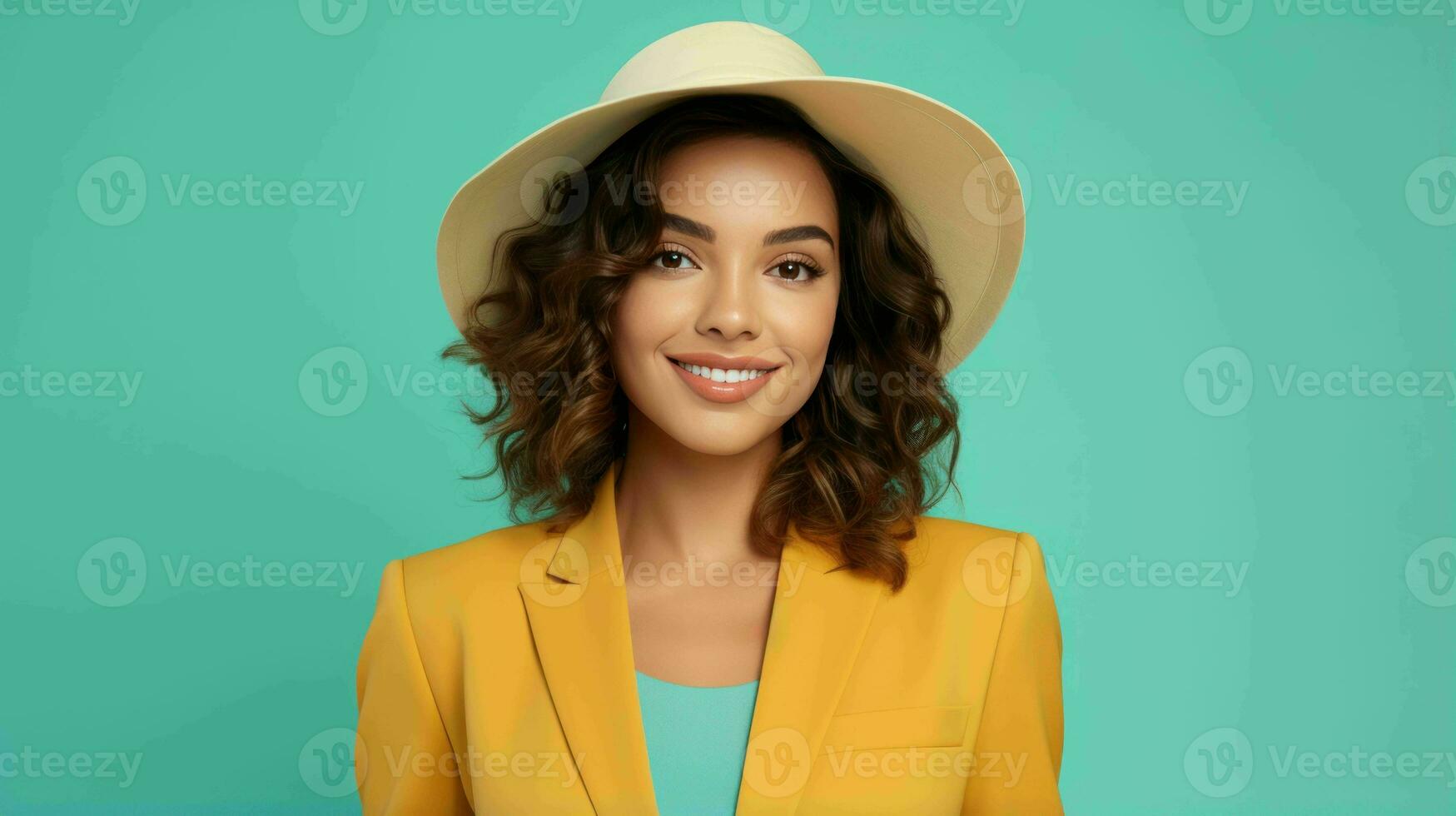 AI generated Happy and Attractive Woman Wearing Pastel Color Suit with Beautiful Vibrant Background photo