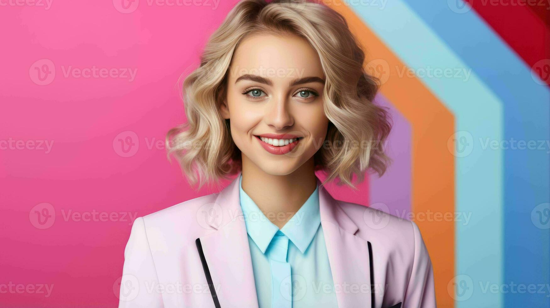 AI generated Happy and Attractive Woman Wearing Pastel Color Suit with Beautiful Vibrant Background photo